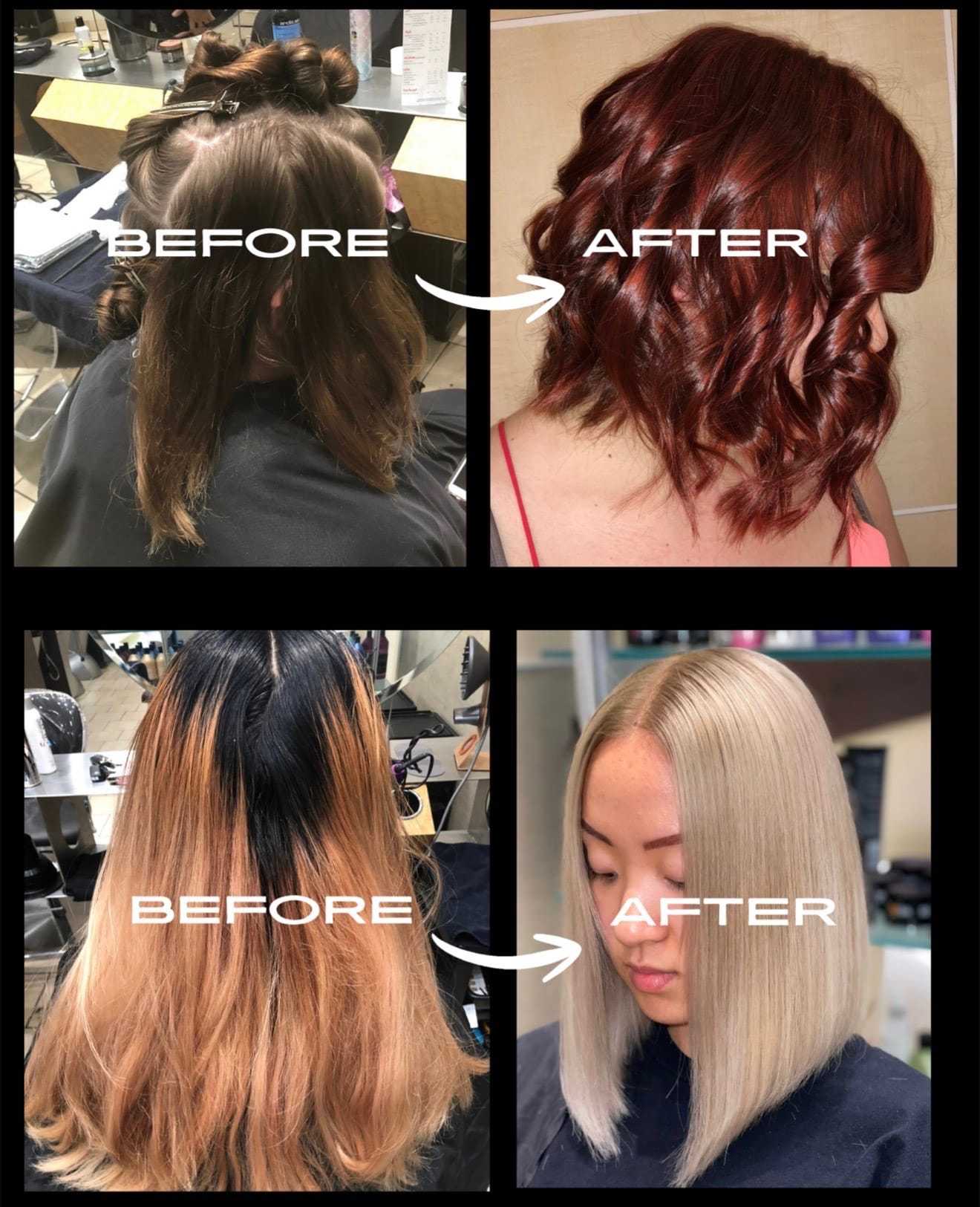 Two hairstyle transformations: brunette to red curls, and dark roots to blonde bob.