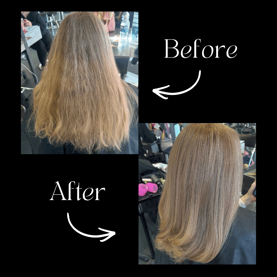Transformation showing a hair smoothening treatment: frizzy before, sleek after.