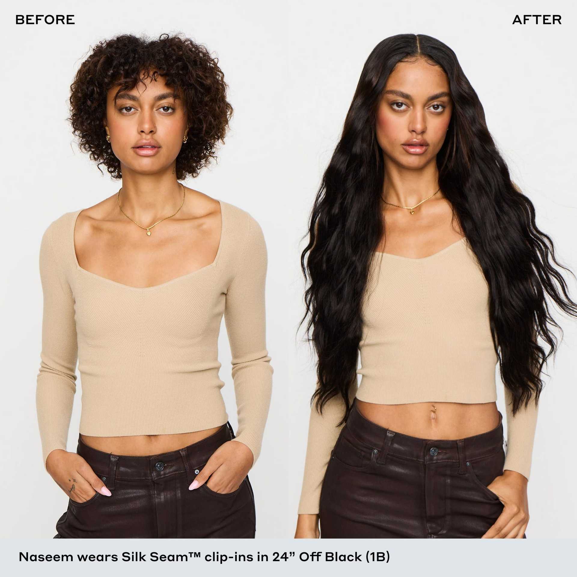 Woman with curly hair before and long wavy hair after using clip-in extensions.