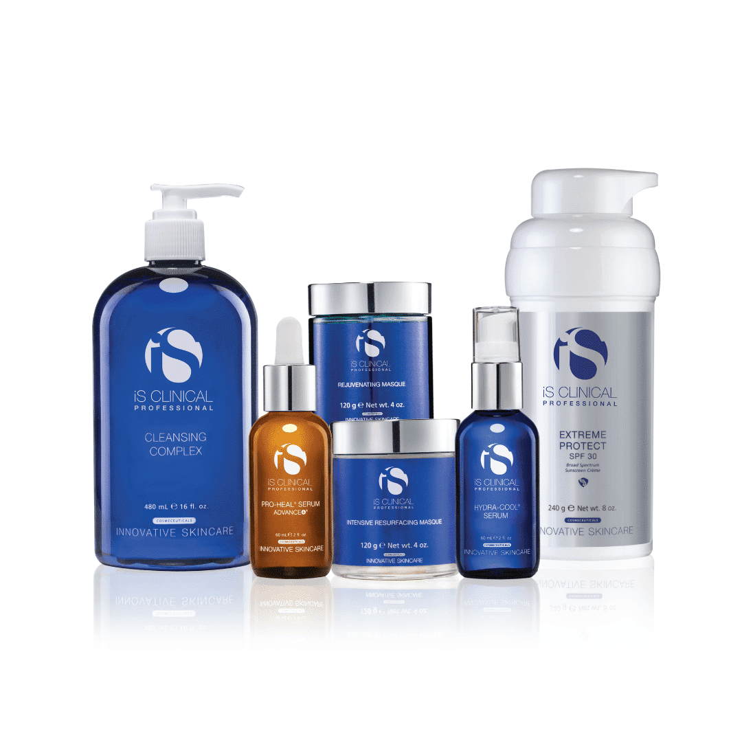 Skincare products lineup including cleansers, serums, and moisturizers in blue and white packaging.