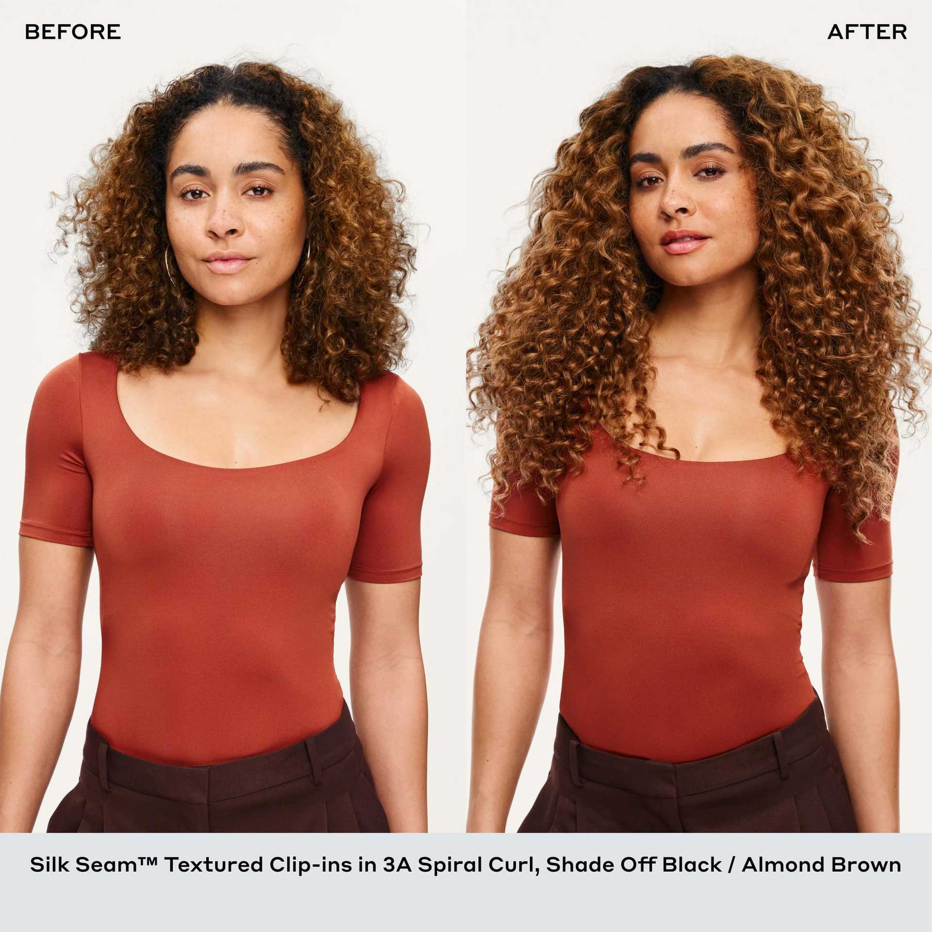 Before and after: woman with straight hair, then with voluminous curly hair using clip-ins.