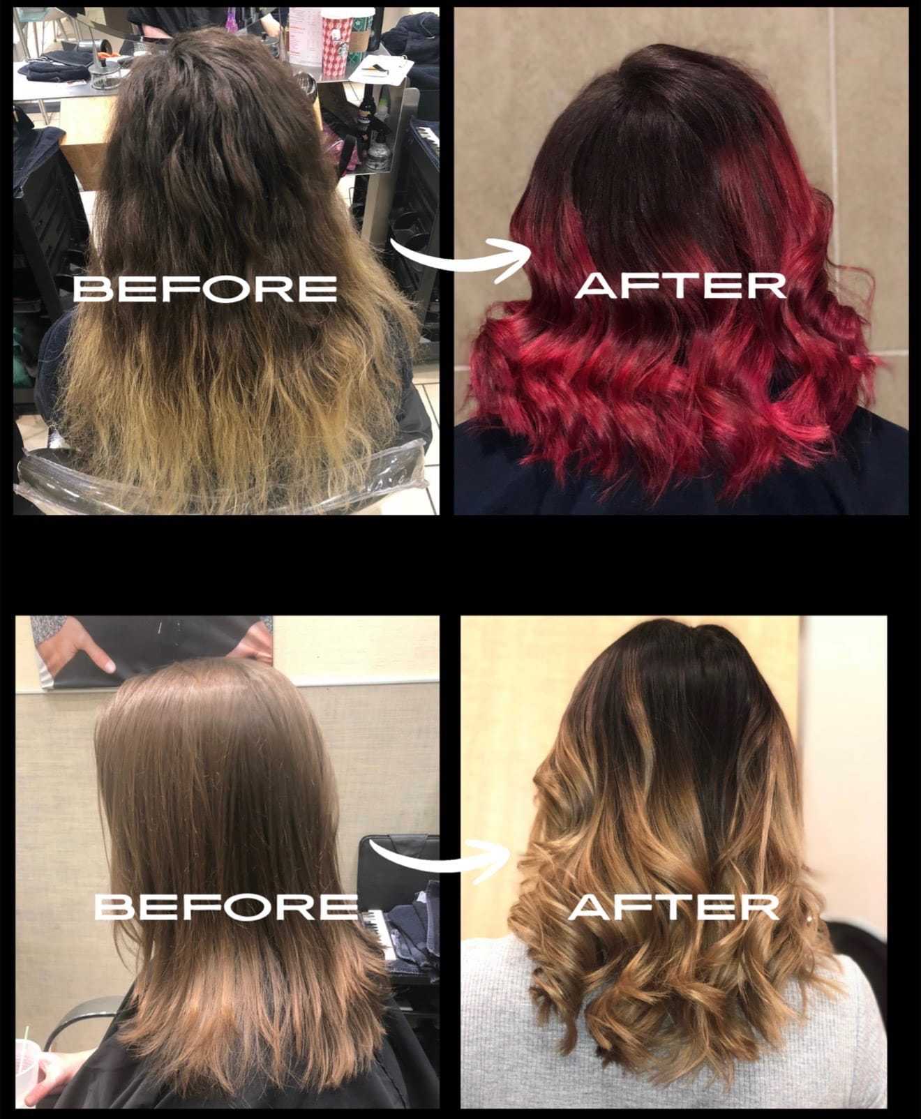 Before and after hair transformations, showing color and styling changes.
