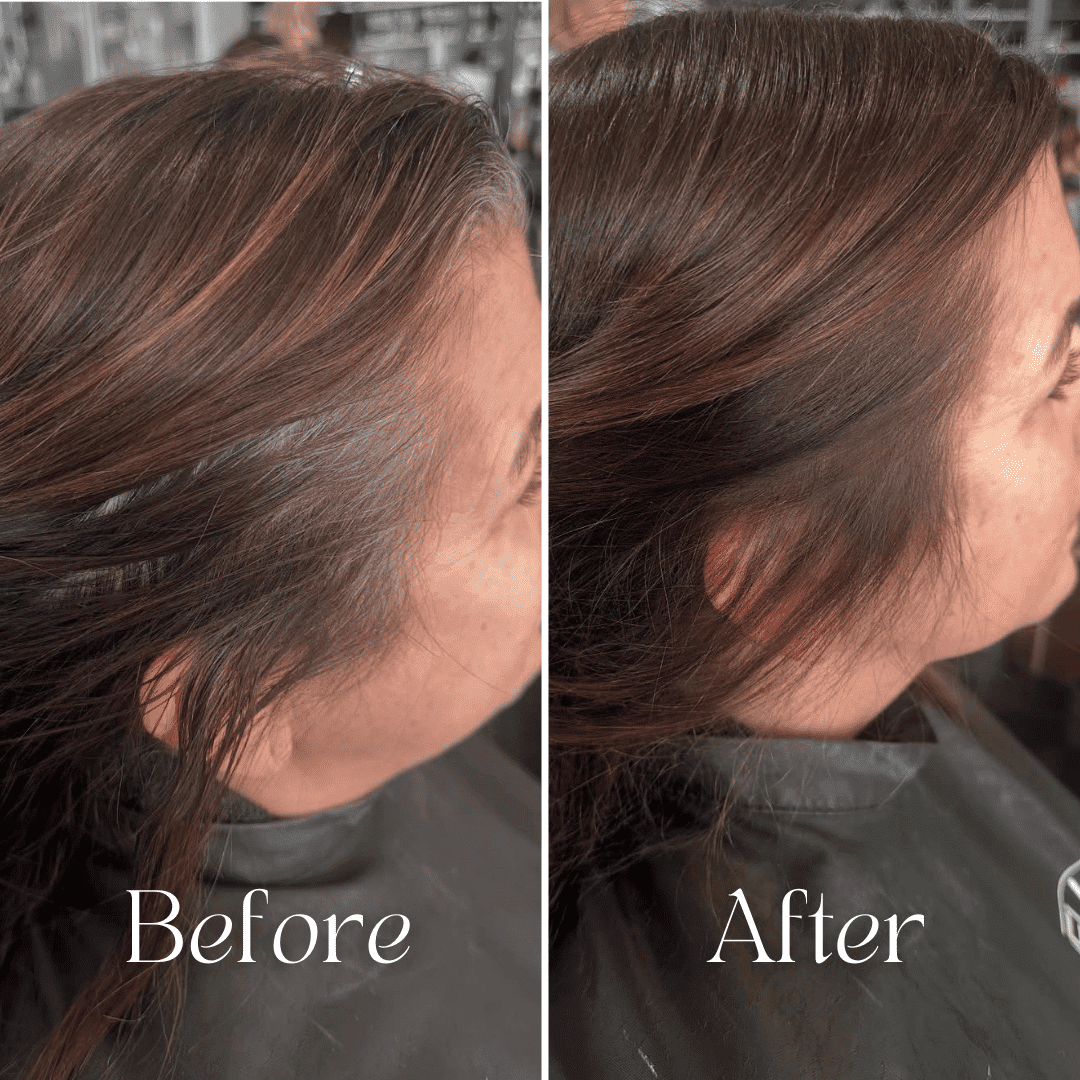Before and after hair treatment showing reduced gray hair.