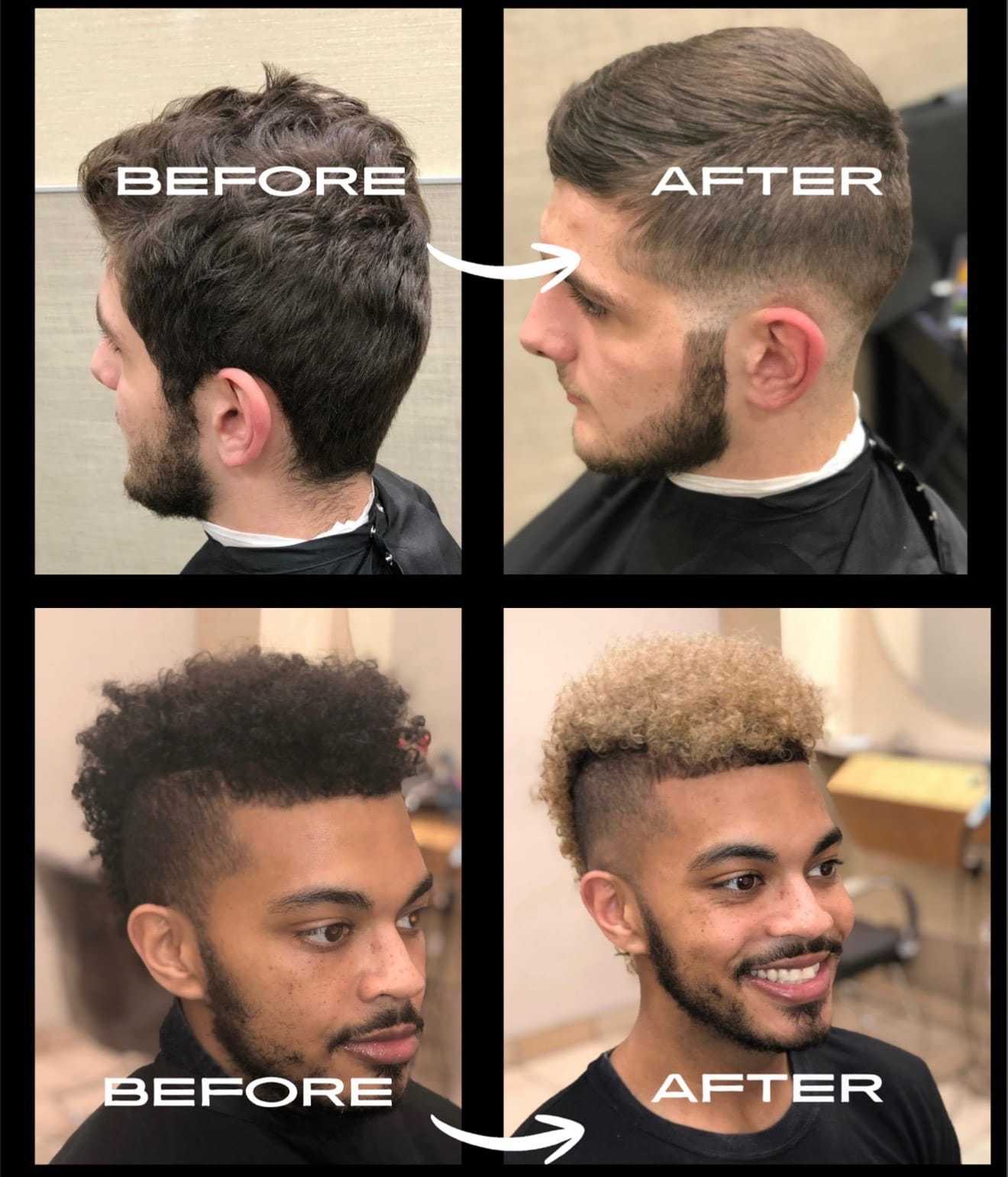 Men's haircut transformations: Side view of two stylish before-and-after hairstyles.