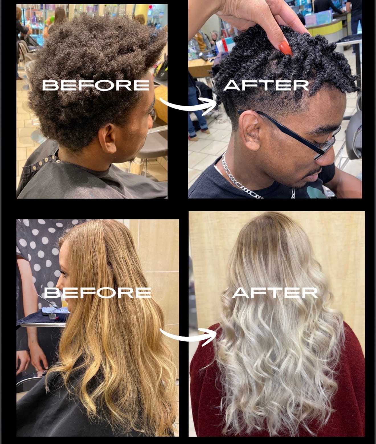 Before and after photos of hair transformations on men and women at a salon.