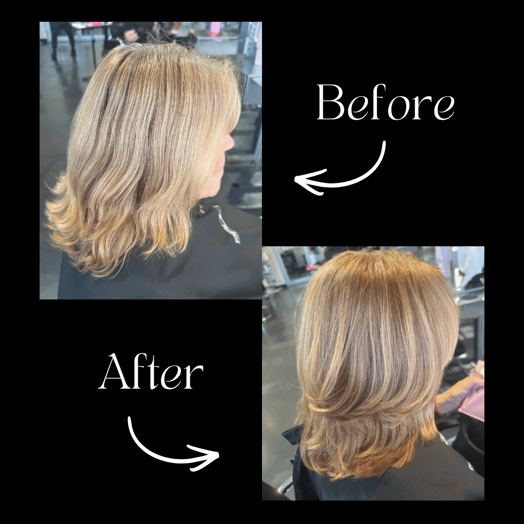 Side-by-side comparison of a woman's hair before and after a haircut and color treatment.