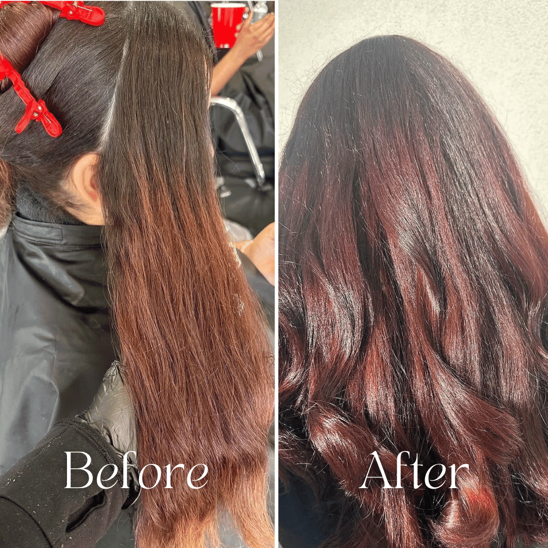 Before and after hair transformation from dull brown to vibrant red hues.