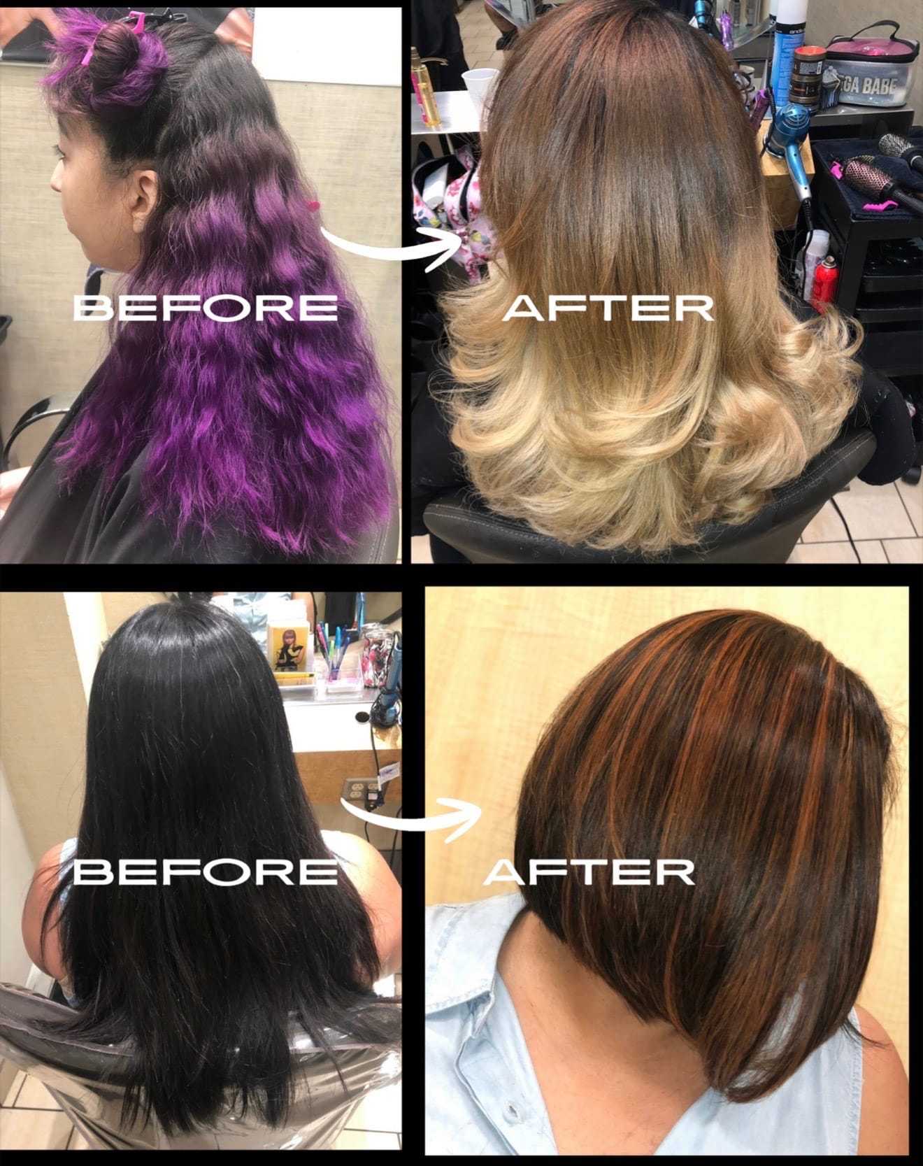 Before and after hair transformations: purple to blonde, straight black to highlighted bob.
