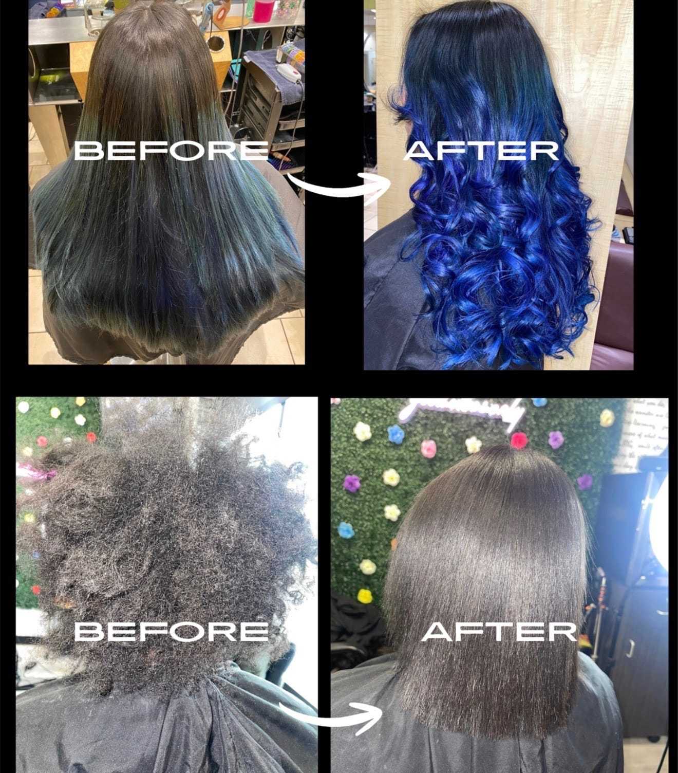 Hair transformations: straight to blue curls, and frizzy to smooth, straightened hair.