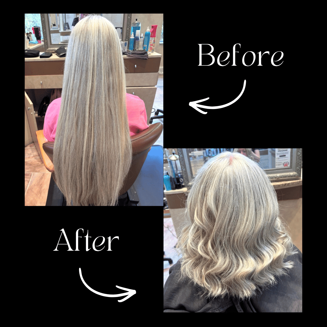 Before and after: long straight blonde hair transformed into short wavy style.