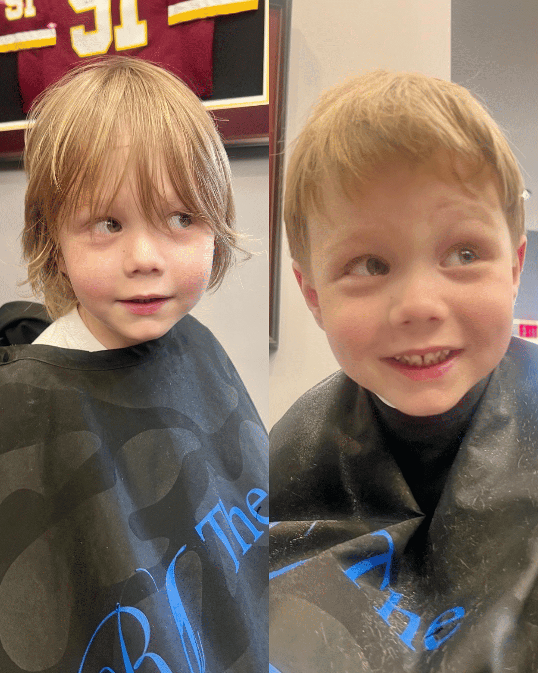 Young child before and after haircut, smiling at camera indoors.