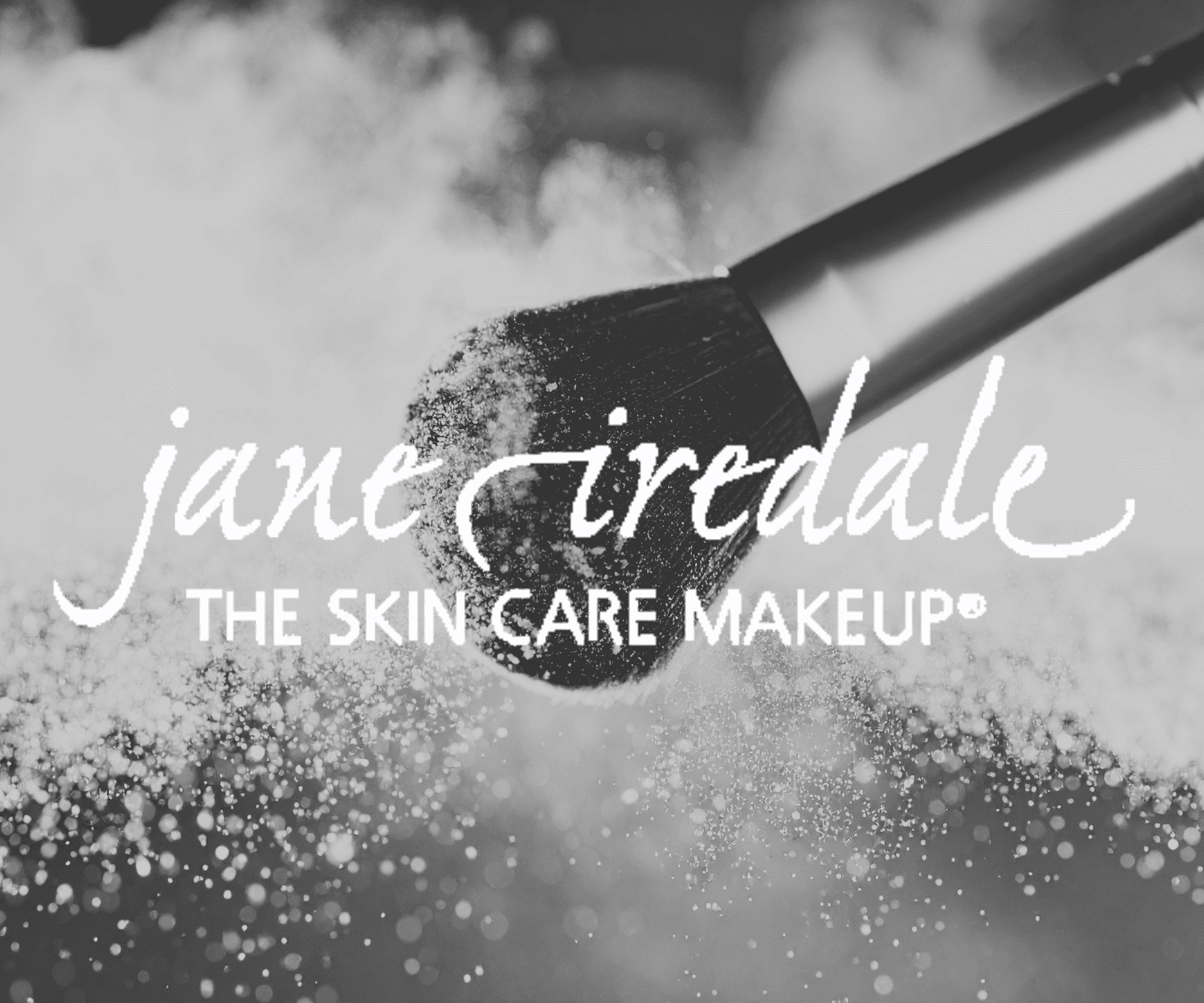 Makeup brush with powder, "Jane Iredale: The Skin Care Makeup" in elegant script.